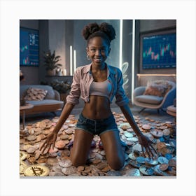 Young Black Woman With Bitcoins Canvas Print