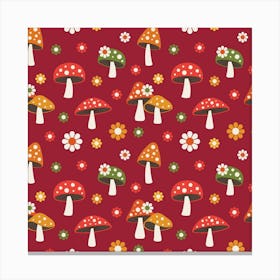 Woodland Mushroom And Daisy Seamless Pattern On Red Background Canvas Print