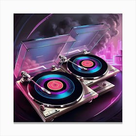 A Highly Detailed, Ultra High Resolution Illustration Of Two Vintage Turntables Spinning Vinyl Records, Blasting Vibrant, Neon Lit 80 S Music, Set Against A Moody, Smoky Background With Subtle Gradient Effects Canvas Print