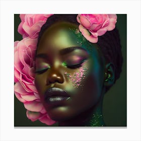 Black Woman With Pink Roses Canvas Print