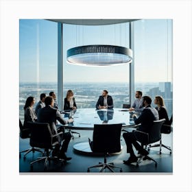 Business Team In Mid Strategizing Session Seated Around A Sleek Oval Glass Table Reflecting Ambien (2) Canvas Print