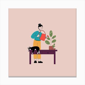 Woman Watering Plants Canvas Print