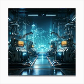 Cyber Industrial Landscape Featuring Advanced Automation Sleek Robotic Arms Performing Intricate Ta Canvas Print