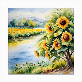 Sunflowers By The River Canvas Print
