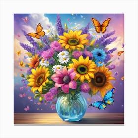Sunflowers In A Vase With Butterflies Canvas Print