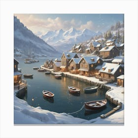 Winter Village By A Quiet Harbor With Snow Canvas Print