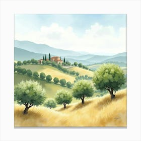 Serene Watercolor Of A Tuscan Landscape With Olive Trees And Distant Mountains 1 Canvas Print