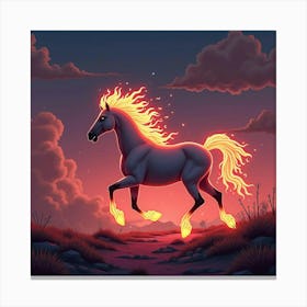 A Horse With A Mane Of Fire, Galloping Through A Surreal, Neon Lit Landscape Canvas Print