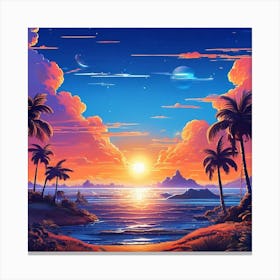 Sunset At The Beach, wall art of sunset, palm trees, orange sky, light rese of sun 1 Canvas Print