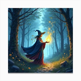 Mystical Mage Casting Spells In A Glowing Forest, Watercolor Style 1 Canvas Print