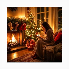 A Cozy Winter Evening By A Roaring Fireplace An Ornately Decorated Christmas Tree Situated In The C 2 1 Canvas Print