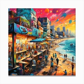 Sunset Tapestry  Of Beachgoers Bars And Shops Canvas Print