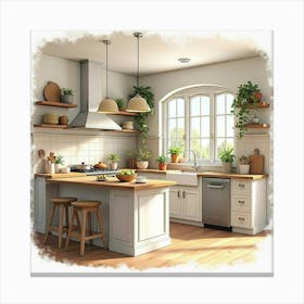 Elegant And Cozy Kitchen In Watercolor, Inviting Ambiance 1 Canvas Print