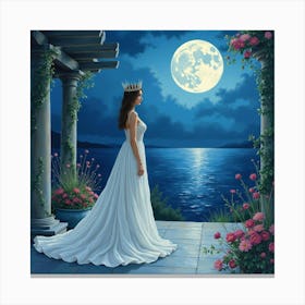 Graceful Queen In A Watercolor Moonlit Terrace 1 Canvas Print