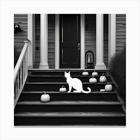 Halloween Cat On Steps In Front Of The Halloween House Black And White Still Digital Art Perfect Canvas Print