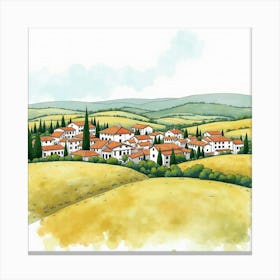 Spanish Village Landscape With Rolling Hills And Traditional Houses In Watercolor Canvas Print