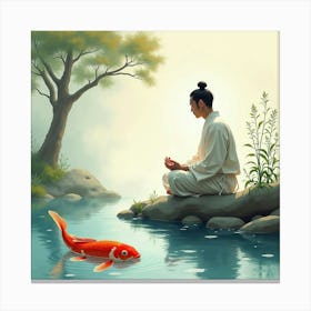 Japanese Man Meditating By A Tranquil Koi Pond, With Soft Reflections In The Water, Watercolor Canvas Print