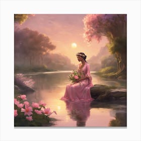 Sunset Serenity Woman By The River In A Pink Dress (5) Canvas Print