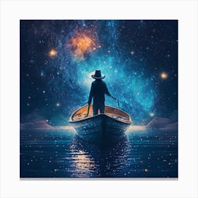 Boy on a small boat in the sea under starry night Canvas Print