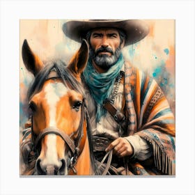 Midaged Mexican Rider With Poncho And Hat On A Horse Detail Color Painting Canvas Print