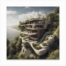 Very Amazing House On Mountain Surrounded By A Lot Of Tree And Near Of Beach Or River Canvas Print