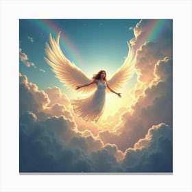 Angel In Bright Skies With Colorful Rainbows, Glowing Scene 1 Canvas Print