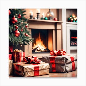 Christmas Presents Under Christmas Tree At Home Next To Fireplace Mysterious Canvas Print