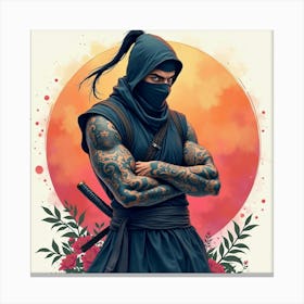 Ninja With Mystical Tattoos, Colorful Watercolor Background 1 Canvas Print