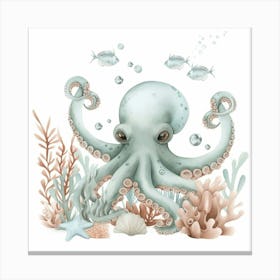 Storybook Style Octopus With Fish 2 Canvas Print