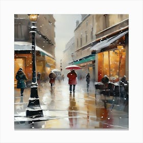 Paris cafes, winter season, Christmas, pale colors, pedestrians in the street, winter clothes, falling snow.2 Canvas Print