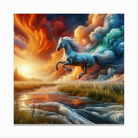 3 Dimensional Horse Jumping A Creek Sunset Clouds Swirling 3 Canvas Print