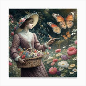 Lady With Basket Of Butterflies Canvas Print