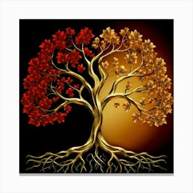 Template: Half red and half black, solid color gradient tree with golden leaves and twisted and intertwined branches 3D oil painting 5 Canvas Print