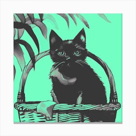 Black Kitty Cat In A Basket Pastel Green 1 Canvas Print