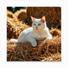 White Cat On Hay 1 Canvas Print