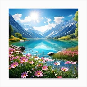 Mountain Lake With Flowers Canvas Print