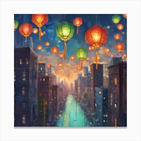 A lantern floating above a cityscape Canvas Print