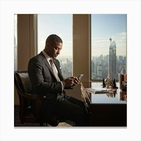 Businessman Clad In A Tailored Suit Texting On A Sleek Smartphone Seated At An Ornate Mahogany De (5) Canvas Print