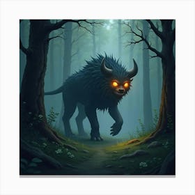 Mystical Beast With Glowing Eyes Stalking In A Forest 1 Canvas Print