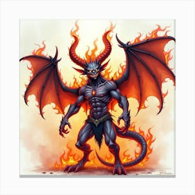 Demon With Cursed Flames, Watercolor, Intense And Colorful 1 Canvas Print