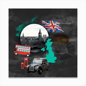 London UK United Kingdom Great Britain Big Ben Symbols Red Double Decker Cab union jack flag tea Canvas Print