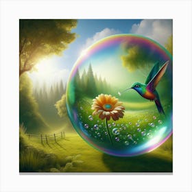 An iridescent giant bubble with a tinny hummingbird swirl in the air Canvas Print