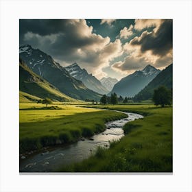 A Serene Mountain Valley With A Clear, Winding River And Lush Green Meadows 2 Canvas Print