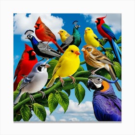 Colorful Birds On A Branch 1 Canvas Print