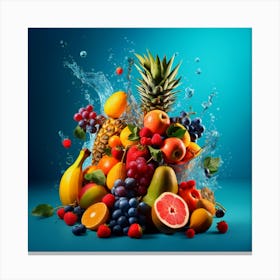 A large pile of fruit with water splashing around it. Canvas Print