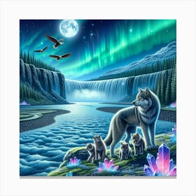 Wolf Family by Crystal Waterfall Under Full Moon and Aurora Borealis Canvas Print