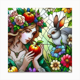 Beautiful lady holding apple with bunny Canvas Print