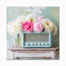 Vintage Portable Radio Exuding Nostalgia Accented With Pastel Flowers Pink Grey And Tones Of Blu Canvas Print