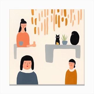 Tiny People At The Cat Cafe Illustration 1 Canvas Print