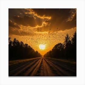 A Vivid Sky Filled with Birds, Their Shadows Stretching Across the Earth in the Glow of the Setting Sun Canvas Print